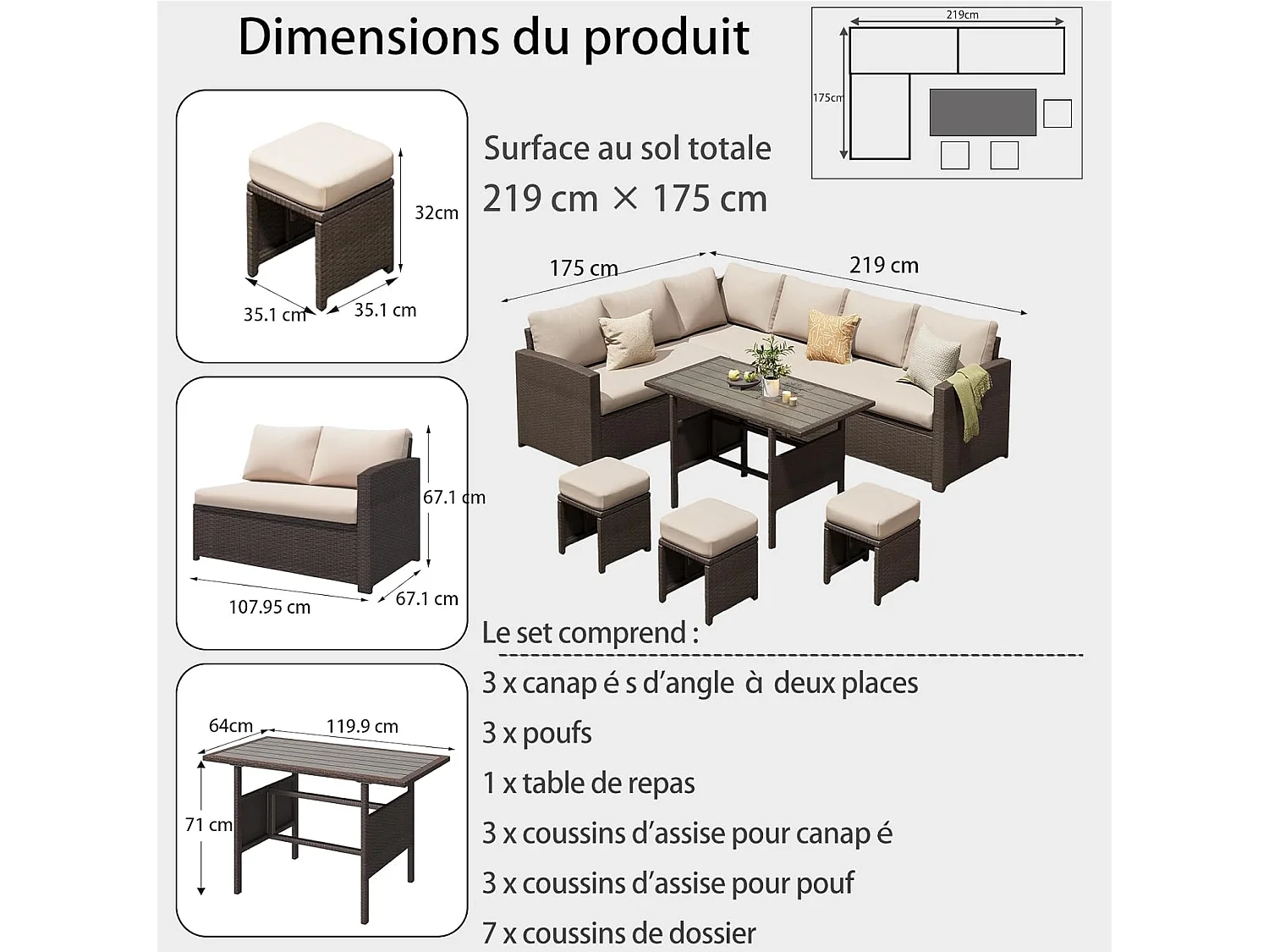 YODOLLA Salon de Jardin 7 Places - 3 Canapés 2 Places Modulables, 3 Poufs, Table - Coussins Blancs & Rotin Marron