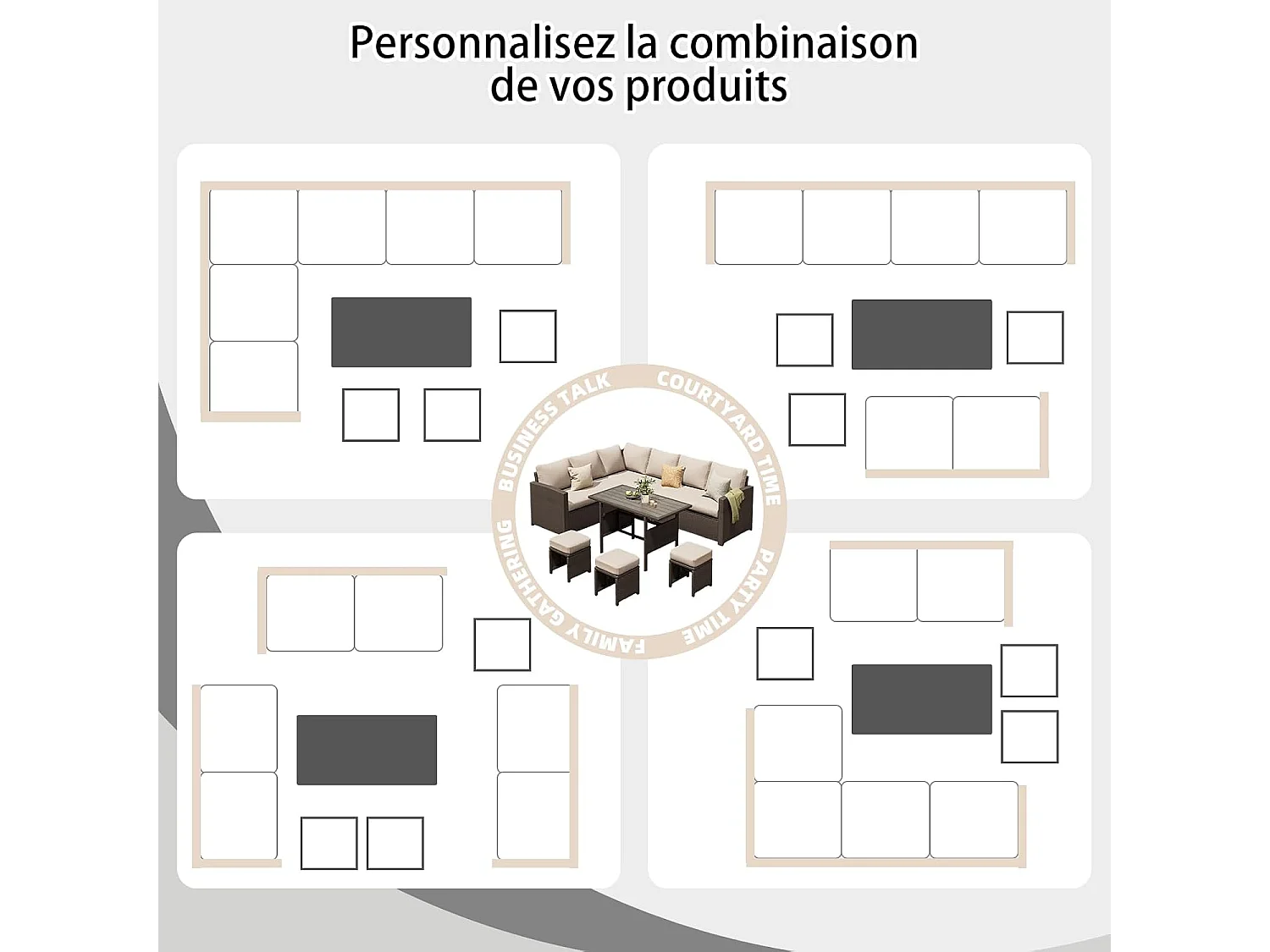 YODOLLA Salon de Jardin 7 Places - 3 Canapés 2 Places Modulables, 3 Poufs, Table - Coussins Blancs & Rotin Marron