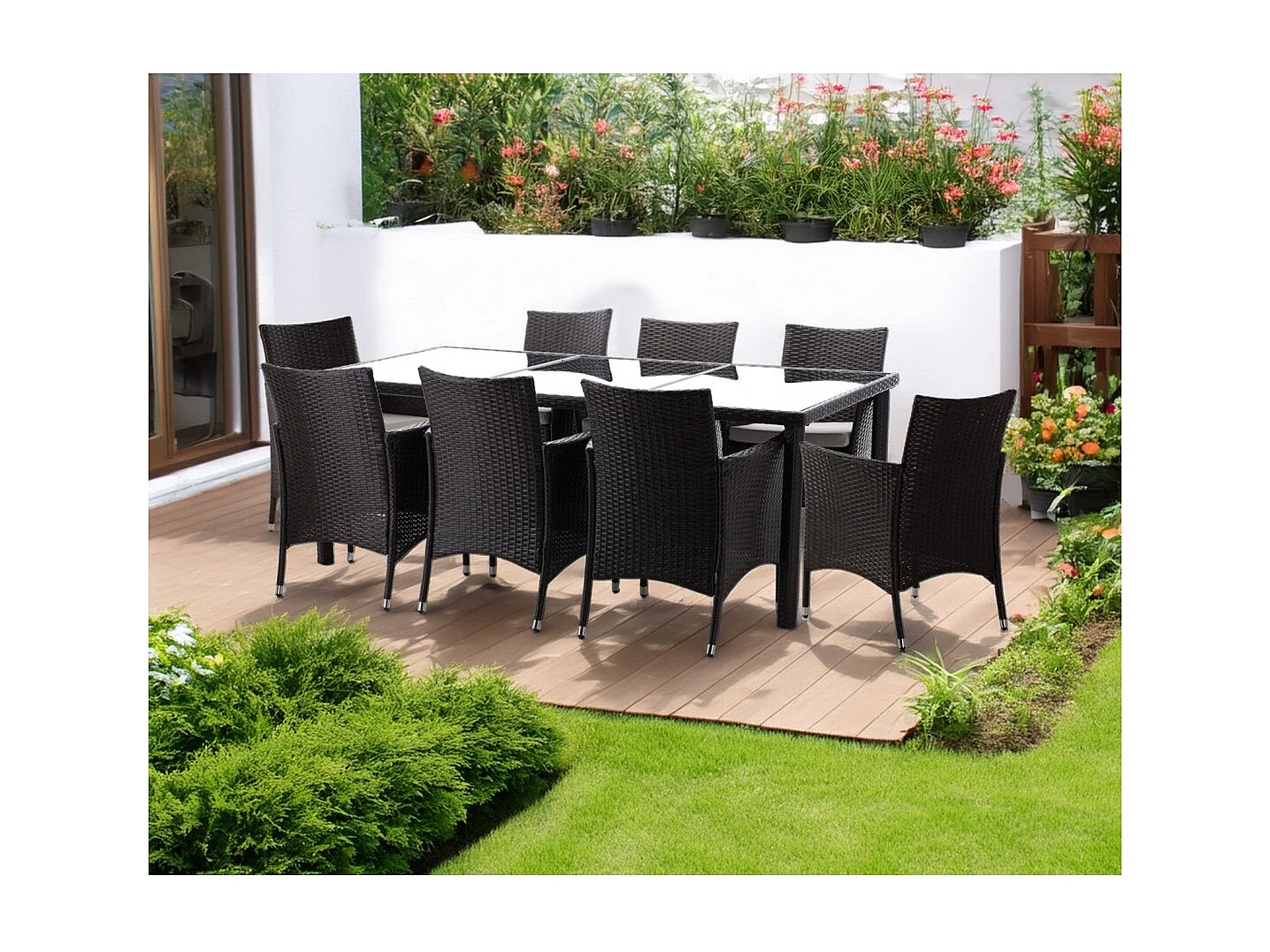 Salon de jardin ZORELIA 8 places brun et beige avec grande table et fauteuils