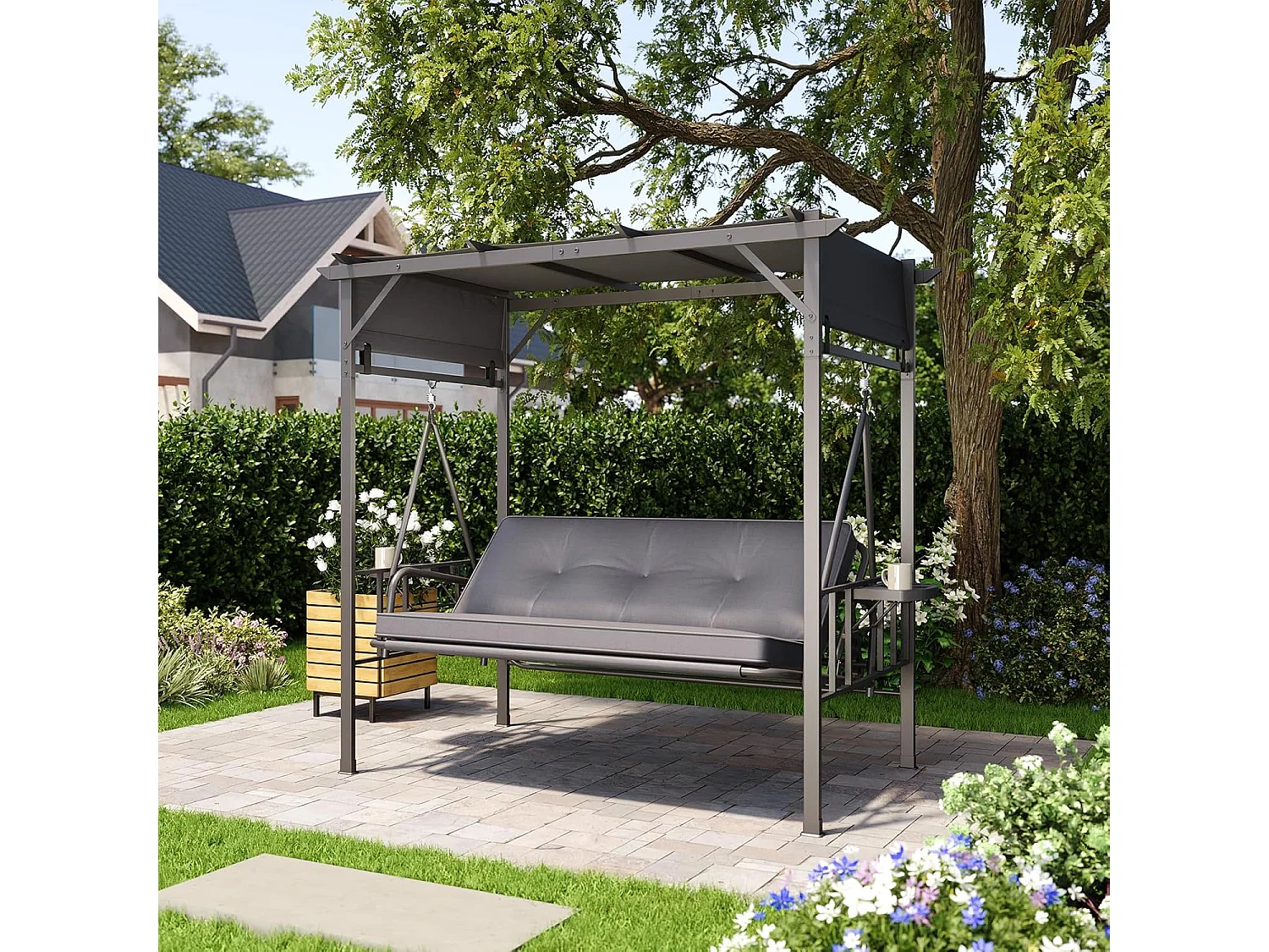YODOLLA Balancelle de Jardin 3 Places - Convertible en Lit - Toile d'Ombre, 226x128x191 cm - Gris
