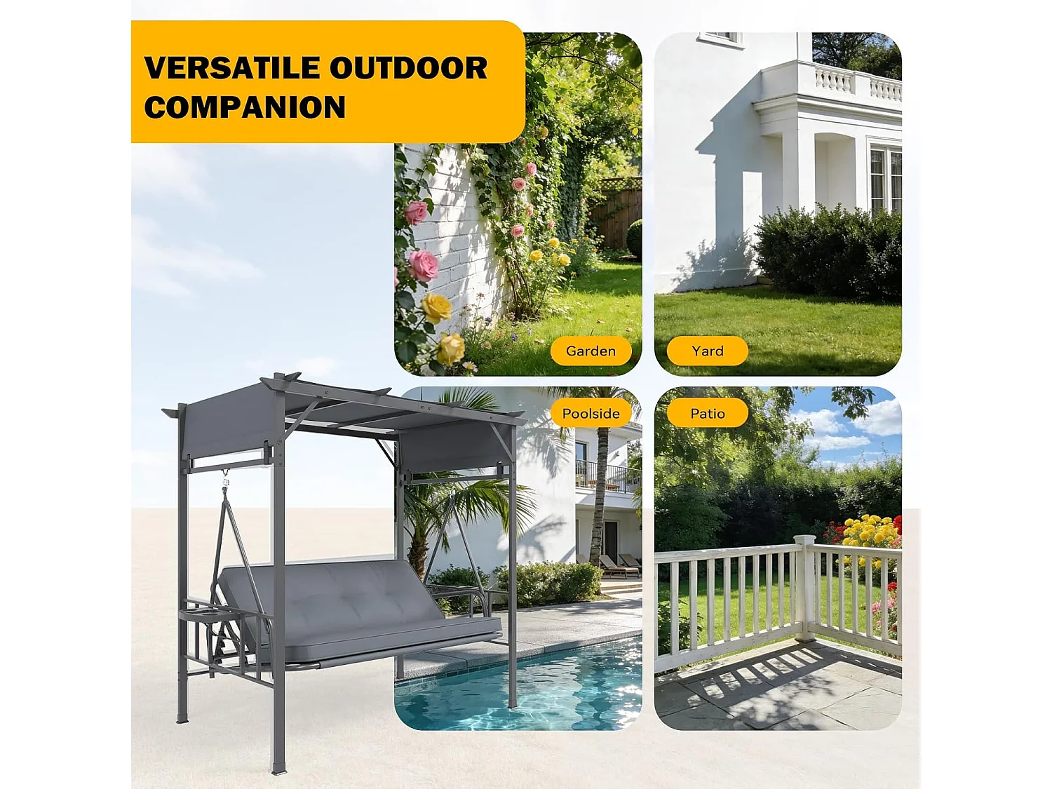 YODOLLA Balancelle de Jardin 3 Places - Convertible en Lit - Toile d'Ombre, 226x128x191 cm - Gris
