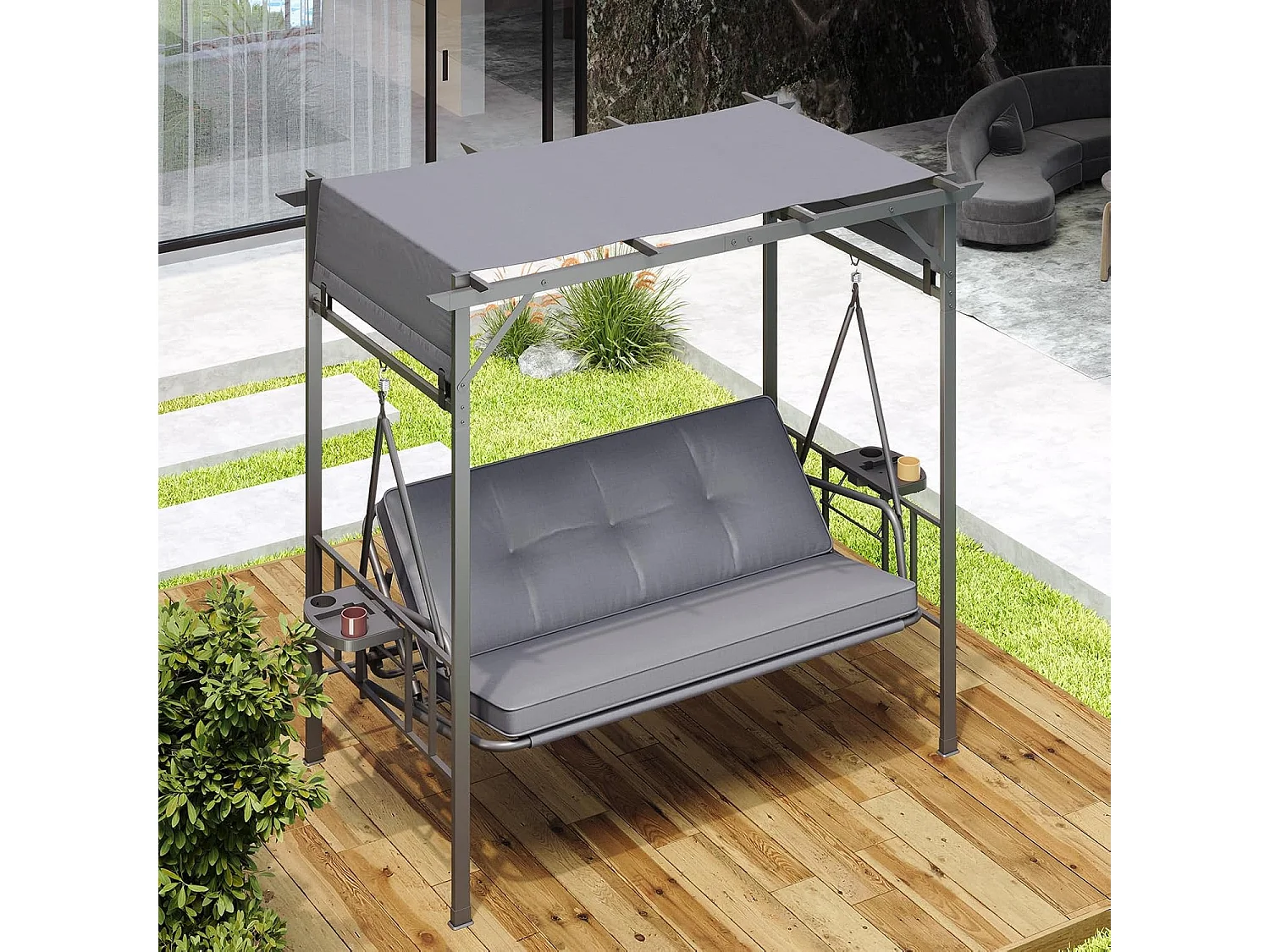 YODOLLA Balancelle de Jardin 3 Places - Convertible en Lit - Toile d'Ombre, 226x128x191 cm - Gris