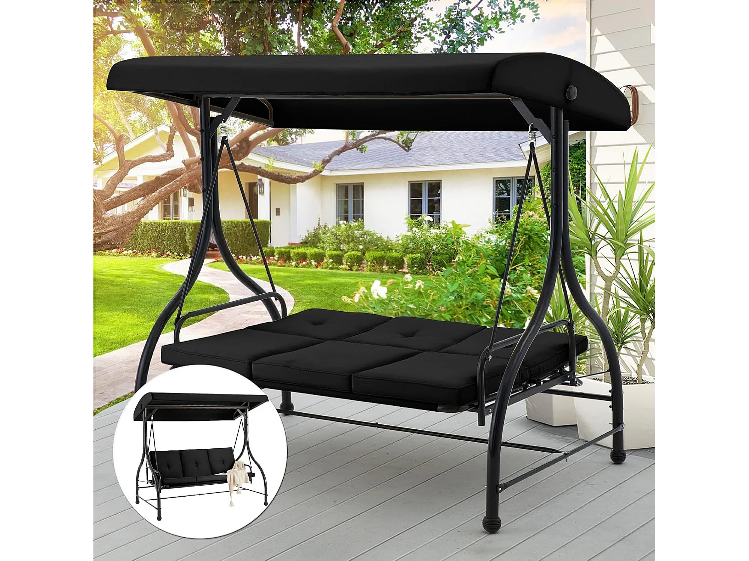 YODOLLA Balancelle de Jardin 3 Places avec Auvant Réglable et Coussins Amovible - 182x108x178 cm - Noir