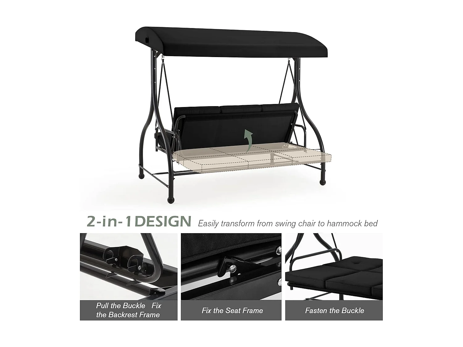 YODOLLA Balancelle de Jardin 3 Places avec Auvant Réglable et Coussins Amovible - 182x108x178 cm - Noir