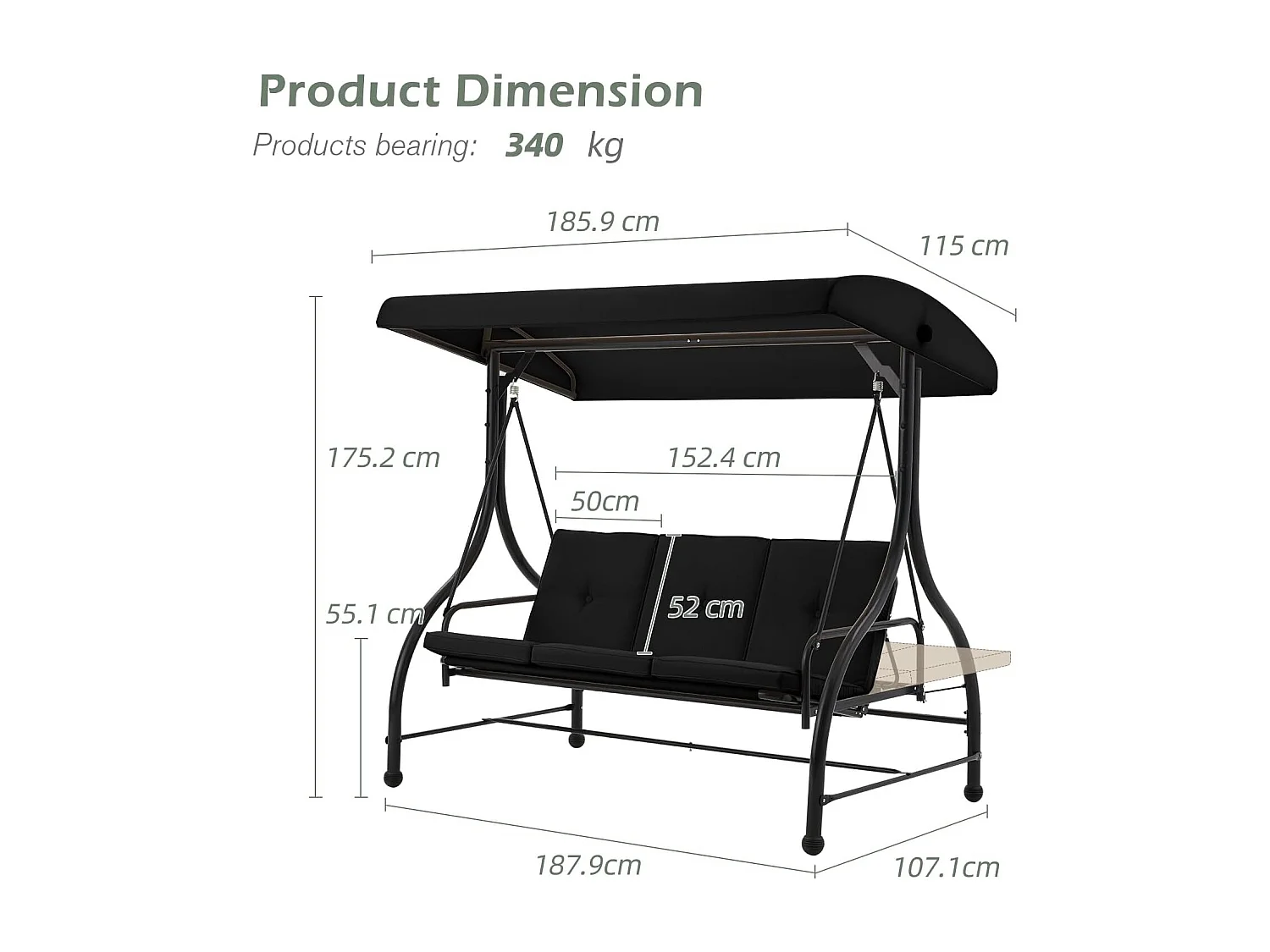 YODOLLA Balancelle de Jardin 3 Places avec Auvant Réglable et Coussins Amovible - 182x108x178 cm - Noir