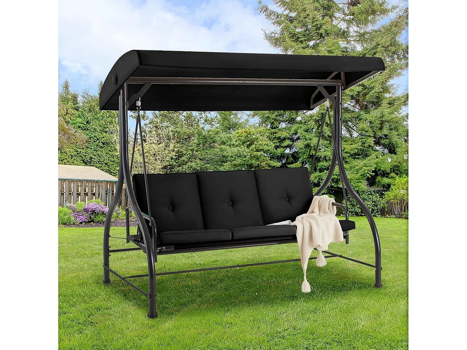 YODOLLA Balancelle de Jardin 3 Places avec Auvant Réglable et Coussins Amovible - 182x108x178 cm - Noir