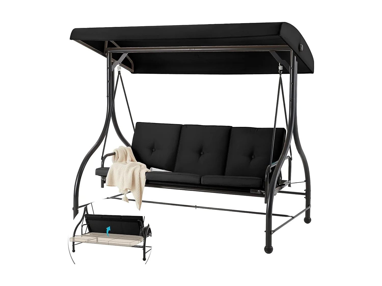 YODOLLA Balancelle de Jardin 3 Places avec Auvant Réglable et Coussins Amovible - 182x108x178 cm - Noir
