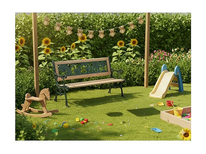 Außenbank für Kinder ANIMA 82 cm Holz und grünes Gusseisen Garten