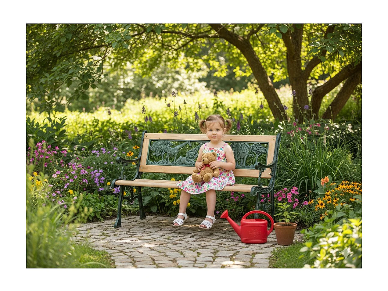 Außenbank für Kinder ANIMA 82 cm Holz und grünes Gusseisen Garten