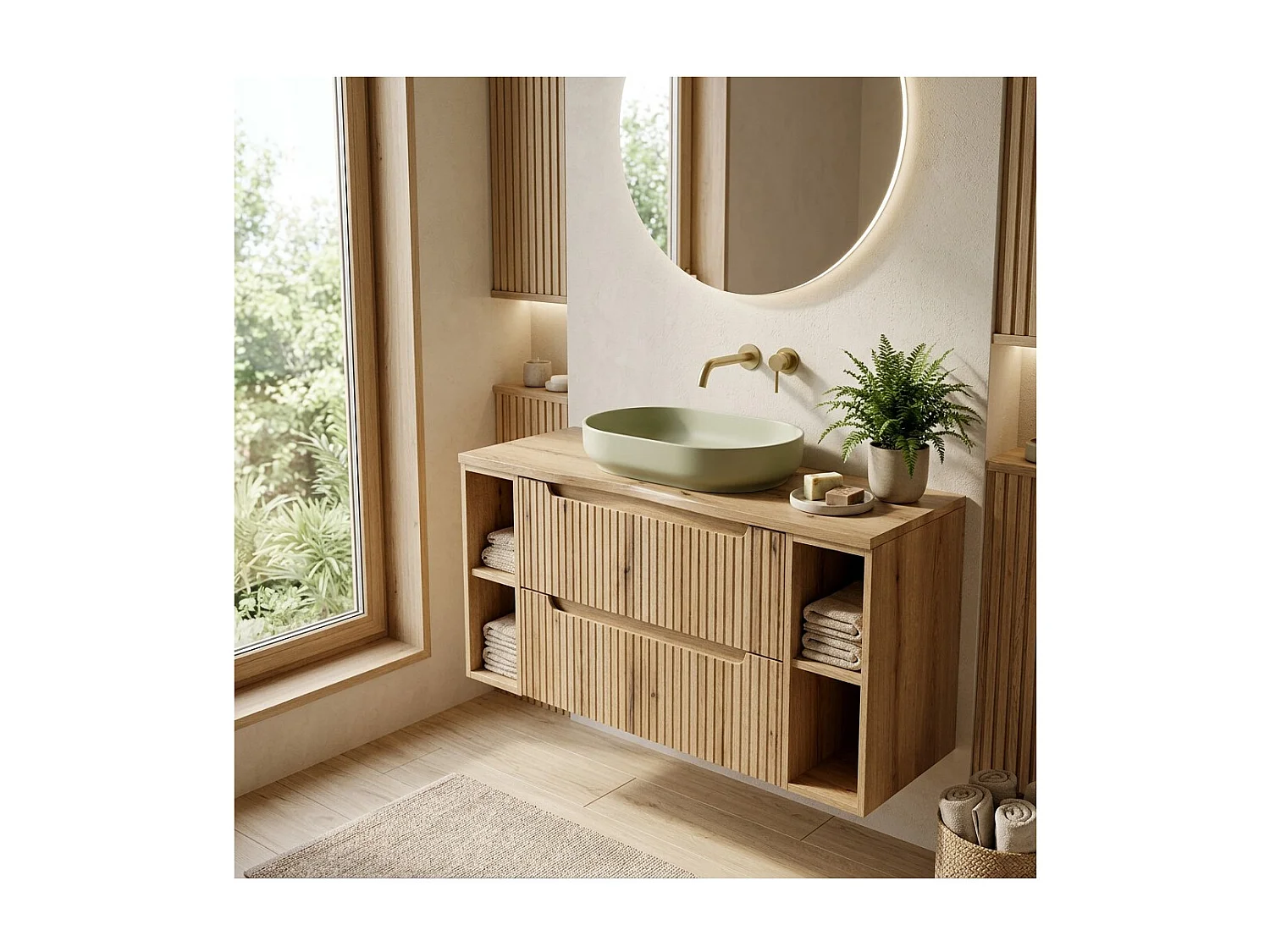 Ensemble de salle de bain VANO chêne clair 120cm : meubles sous vasque à tiroirs avec niches visibles + plan pour vasque