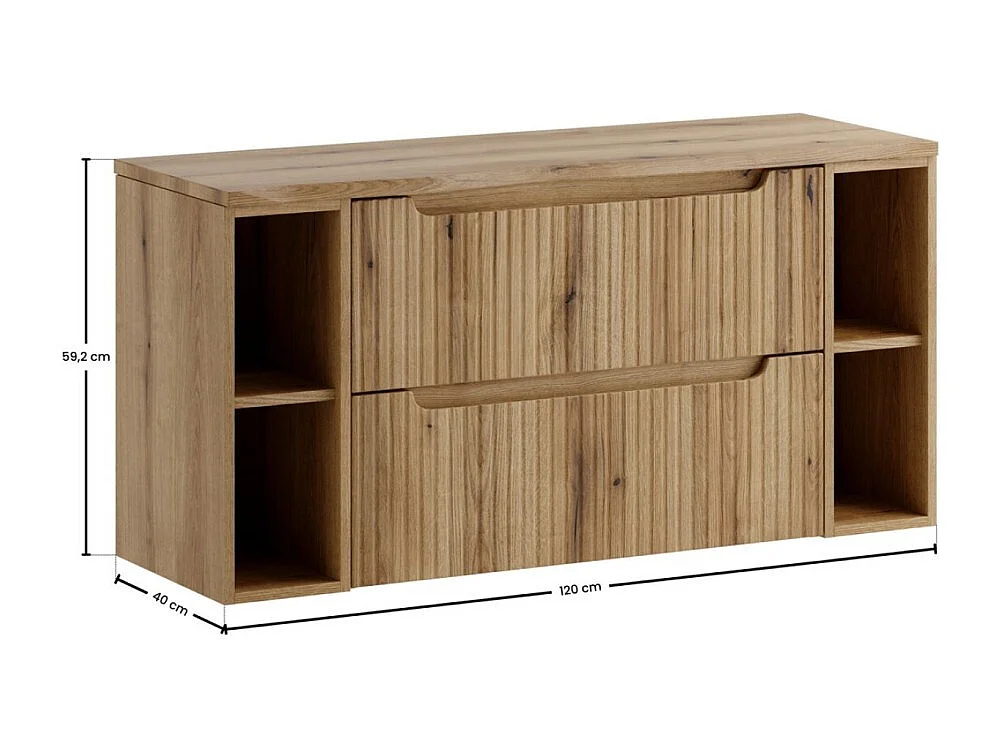 Ensemble de salle de bain VANO chêne clair 120cm : meubles sous vasque à tiroirs avec niches visibles + plan pour vasque