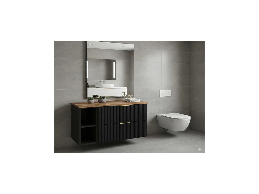 Insieme mobile sottolavabo NOXERA 80 cm – Nero opaco e rovere – 2 cassetti + 2 nicchie + piano per lavabo
