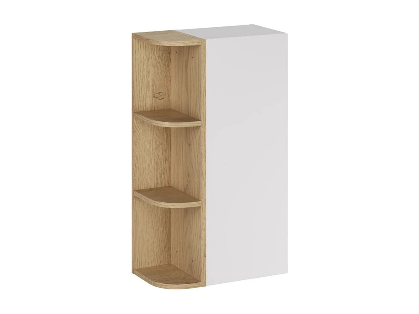 Meuble de rangement OSTER 45cm – meuble suspendu blanc mat 1 porte et 3 niches visibles arrondies aspect chêne clair