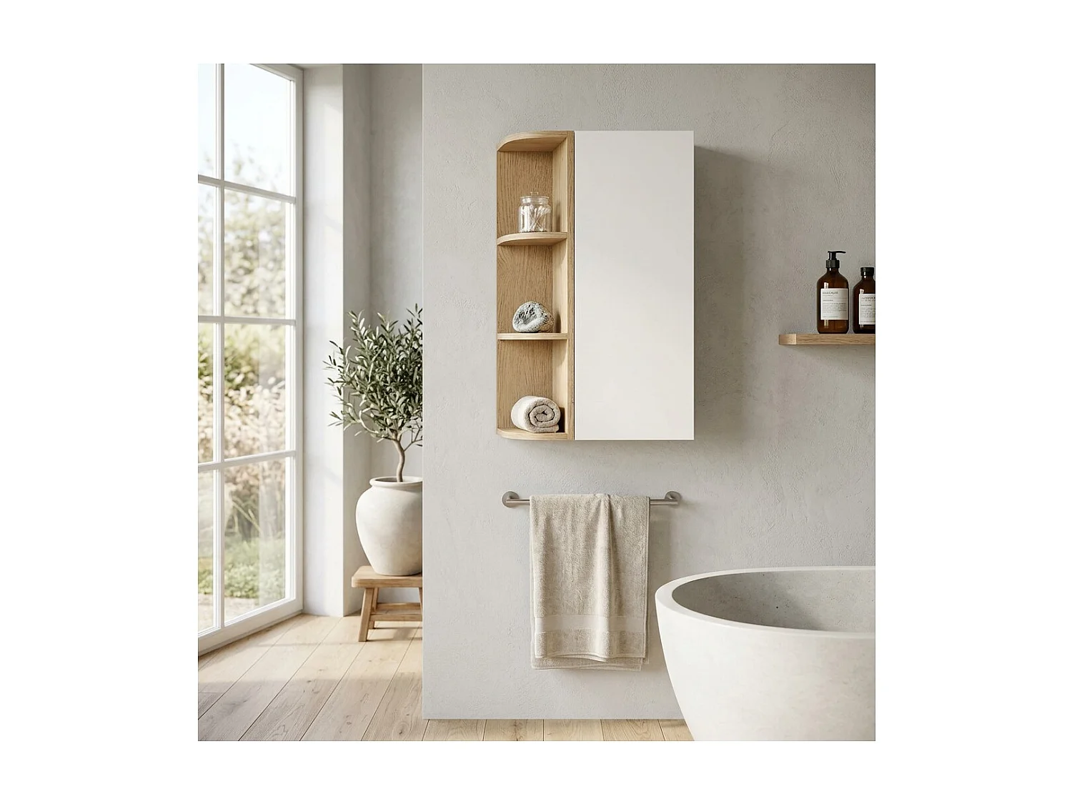 Meuble de rangement OSTER 45cm – meuble suspendu blanc mat 1 porte et 3 niches visibles arrondies aspect chêne clair