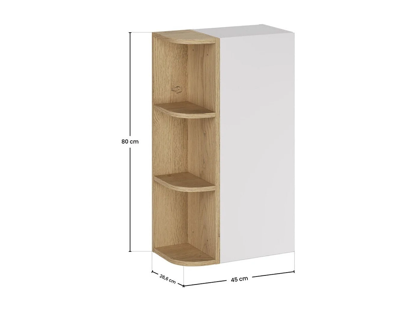 Meuble de rangement OSTER 45cm – meuble suspendu blanc mat 1 porte et 3 niches visibles arrondies aspect chêne clair