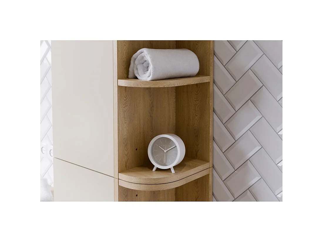 Meuble de rangement OSTER 45cm – meuble suspendu blanc mat 1 porte et 3 niches visibles arrondies aspect chêne clair