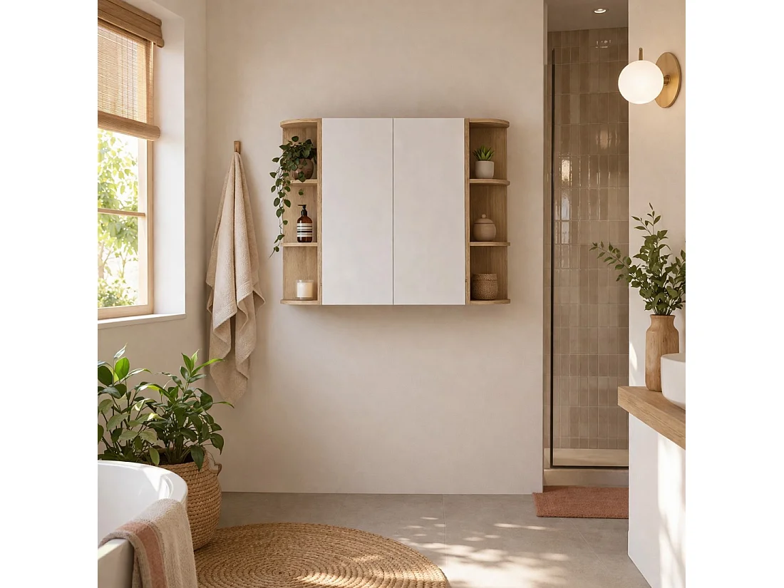 Meubles de rangement modulables OSTER 45cm – meubles suspendus blanc 1 porte et 6 niches arrondies aspect chêne clair