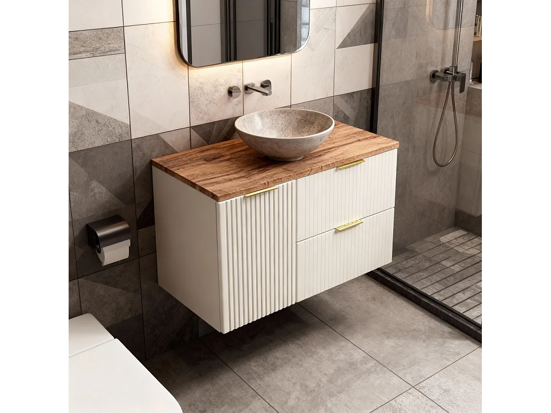 Ensemble de salle de bains NOXERA 100 cm – Marron congo et chêne wotan – plan pour vasque