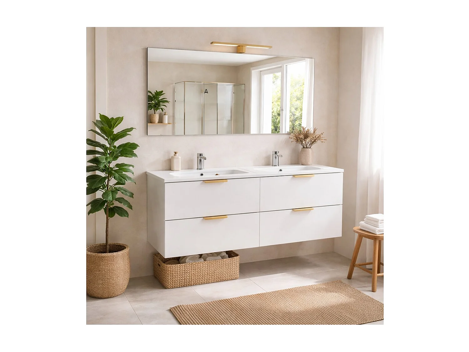 Ensemble de salle de bain suspendu OSTER 120cm : meubles sous vasque à tiroirs blanc + double vasque encastrée