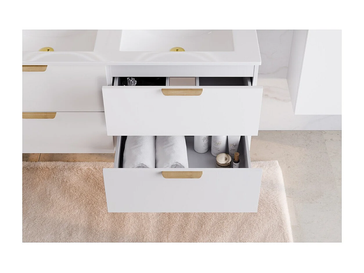 Ensemble de salle de bain suspendu OSTER 120cm : meubles sous vasque à tiroirs blanc + double vasque encastrée