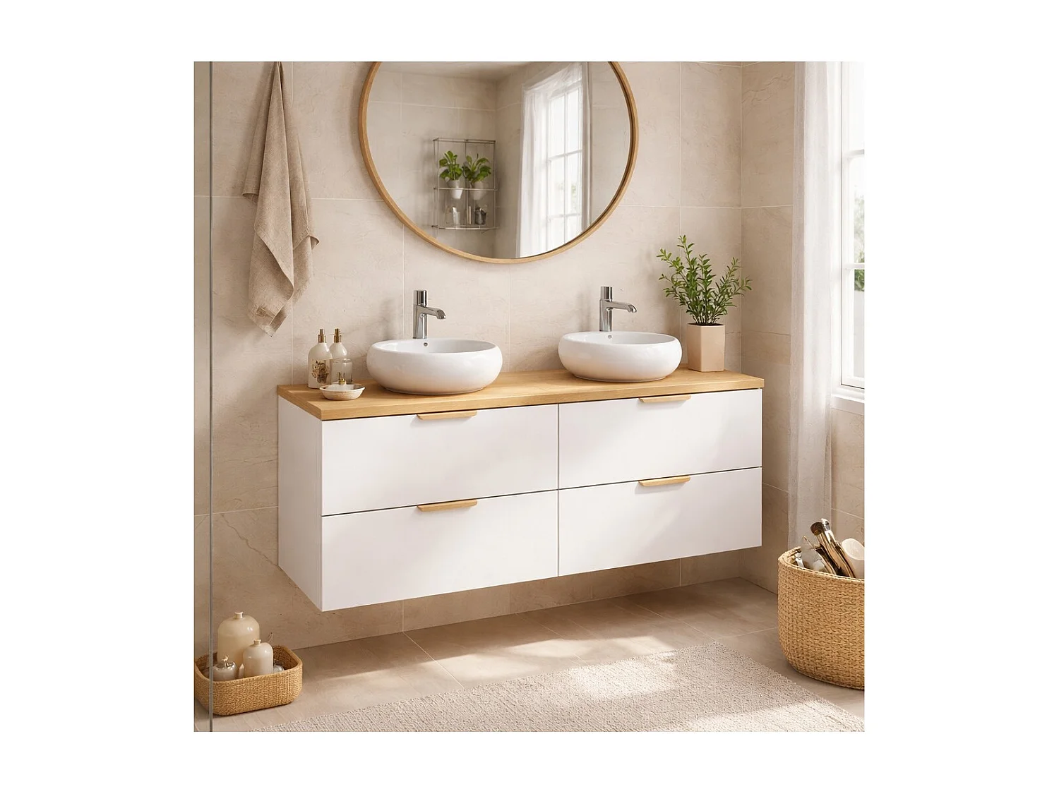 Ensemble de salle de bain suspendu OSTER 120cm : meubles sous vasque à tiroirs blanc + plan pour vasque aspect chêne clair