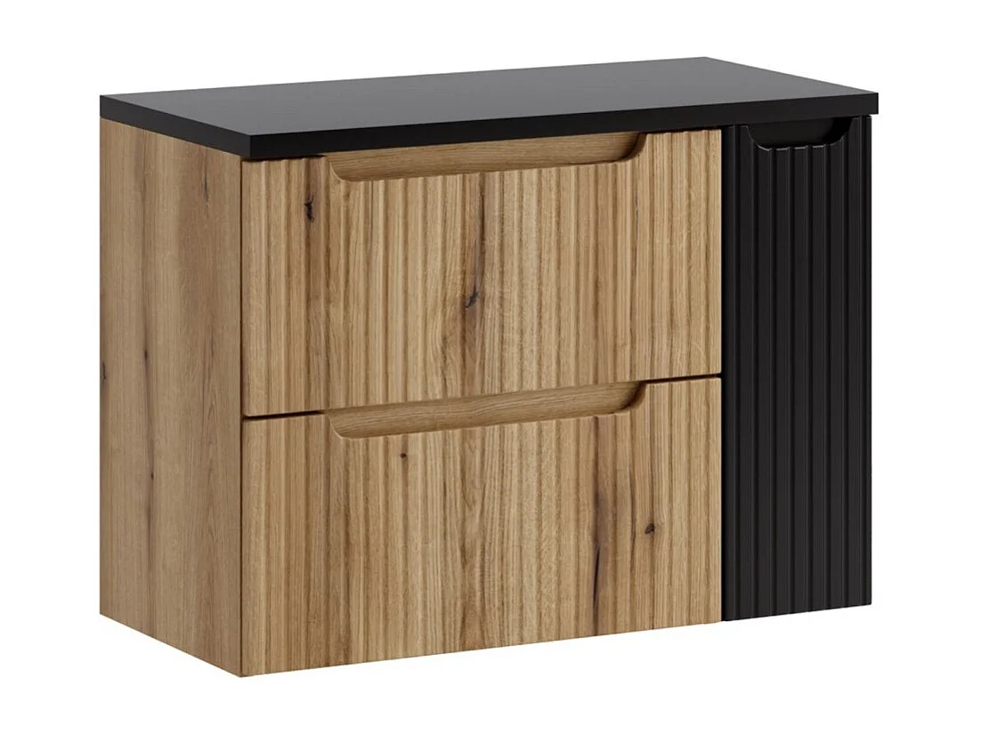 Ensemble de salle de bain suspendu VANO chêne clair et noir 80cm : meubles sous vasque à tiroirs et placards + plan pour vasque