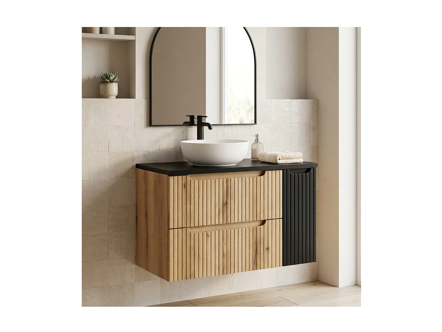 Ensemble de salle de bain suspendu VANO chêne clair et noir 80cm : meubles sous vasque à tiroirs et placards + plan pour vasque