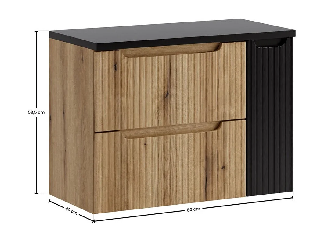 Ensemble de salle de bain suspendu VANO chêne clair et noir 80cm : meubles sous vasque à tiroirs et placards + plan pour vasque
