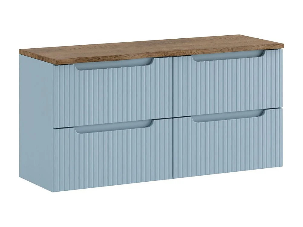 Conjunto de baño suspendido VANO azul denim y roble 120cm: muebles bajo lavabo con cajones + encimera para lavabo