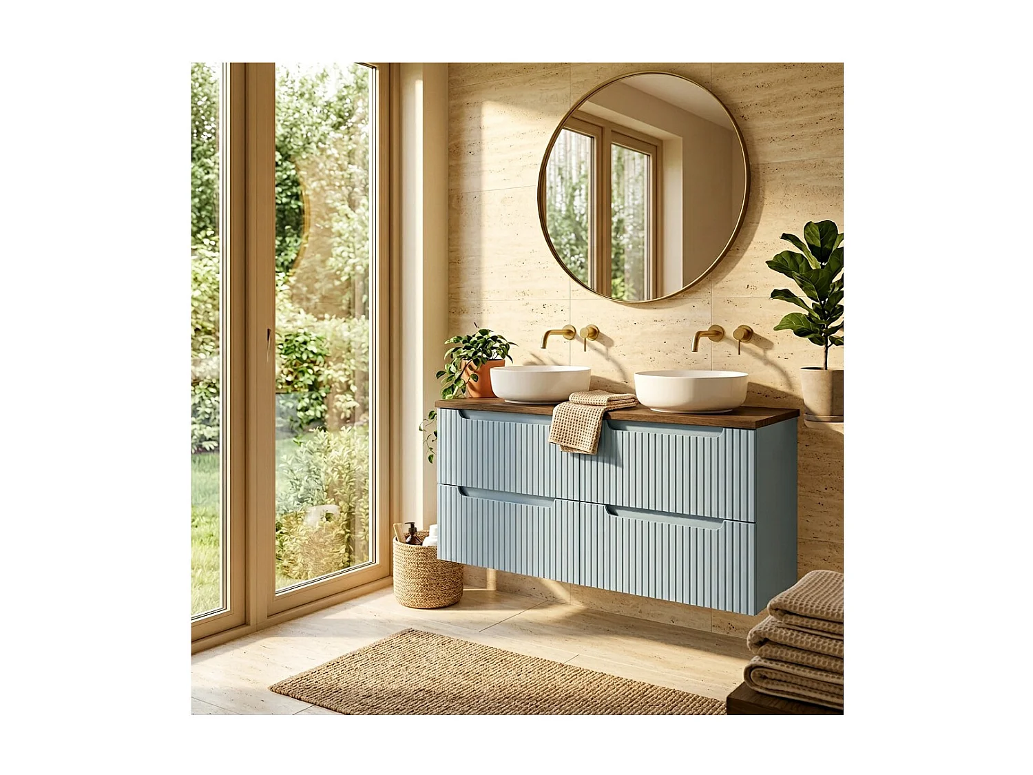 Conjunto de baño suspendido VANO azul denim y roble 120cm: muebles bajo lavabo con cajones + encimera para lavabo