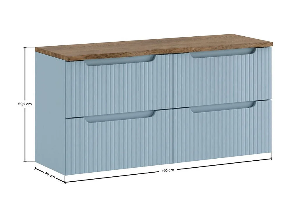 Conjunto de baño suspendido VANO azul denim y roble 120cm: muebles bajo lavabo con cajones + encimera para lavabo