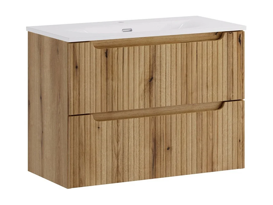 Ensemble de salle de bain VANO chêne clair 80cm : meuble sous vasque à tiroirs avec façade avant rainurée + vasque encastrée