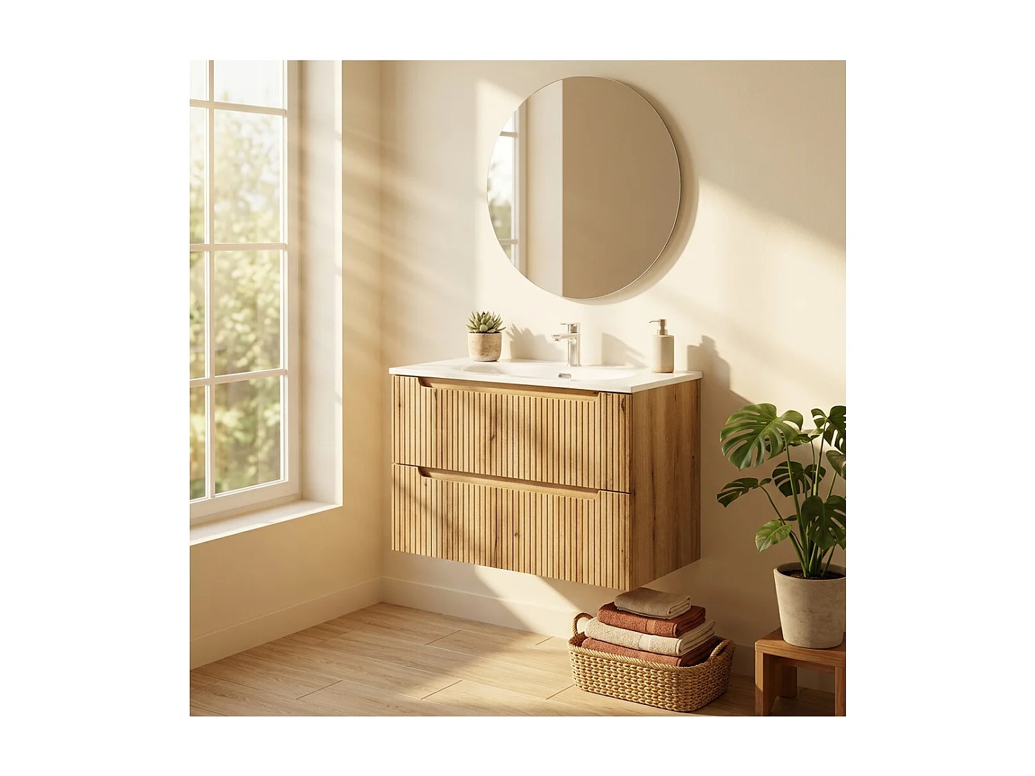 Ensemble de salle de bain VANO chêne clair 80cm : meuble sous vasque à tiroirs avec façade avant rainurée + vasque encastrée