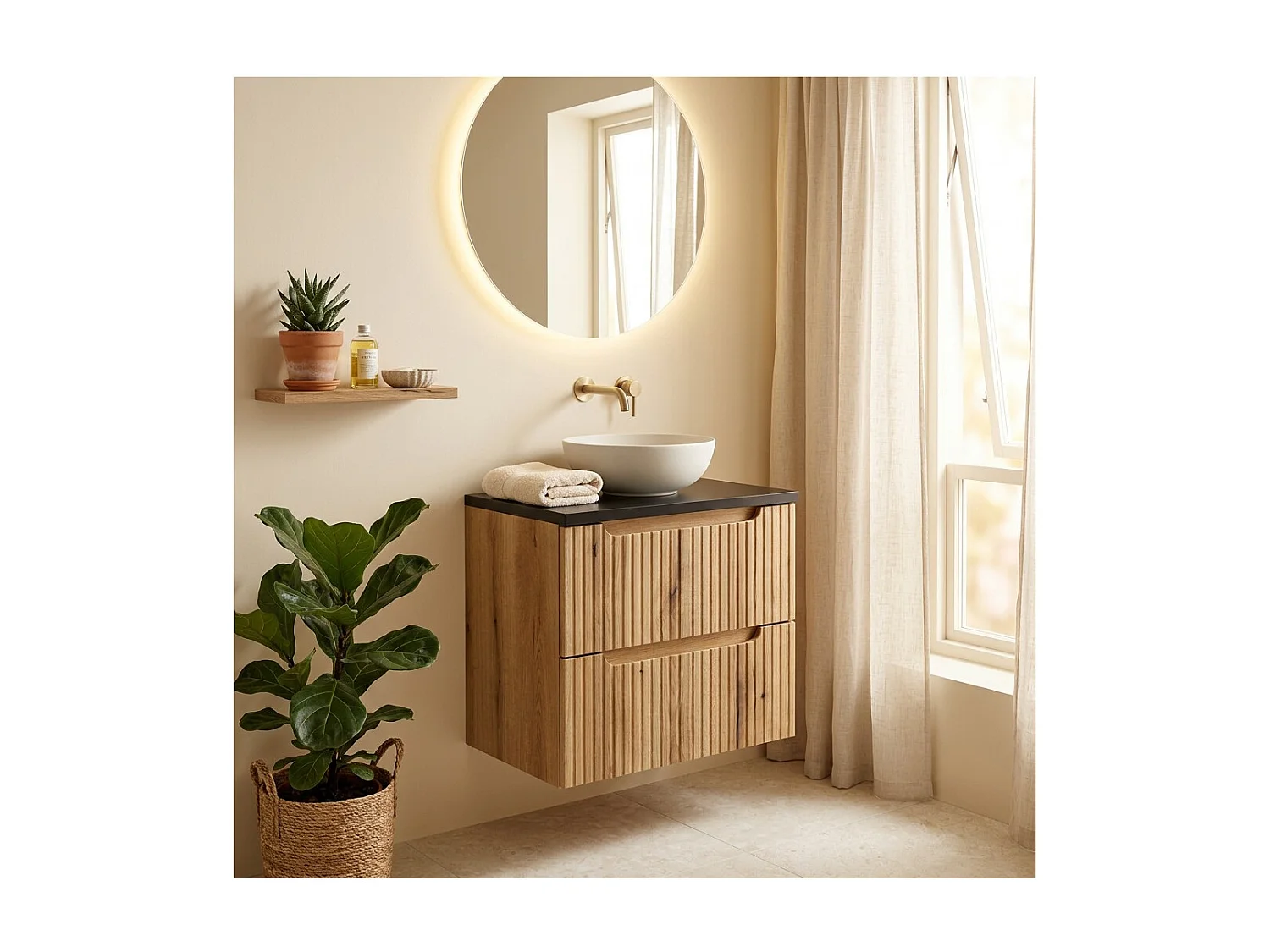 Ensemble de salle de bain suspendu VANO chêne clair et noir 60cm : meubles sous vasque à tiroirs + plan pour vasque