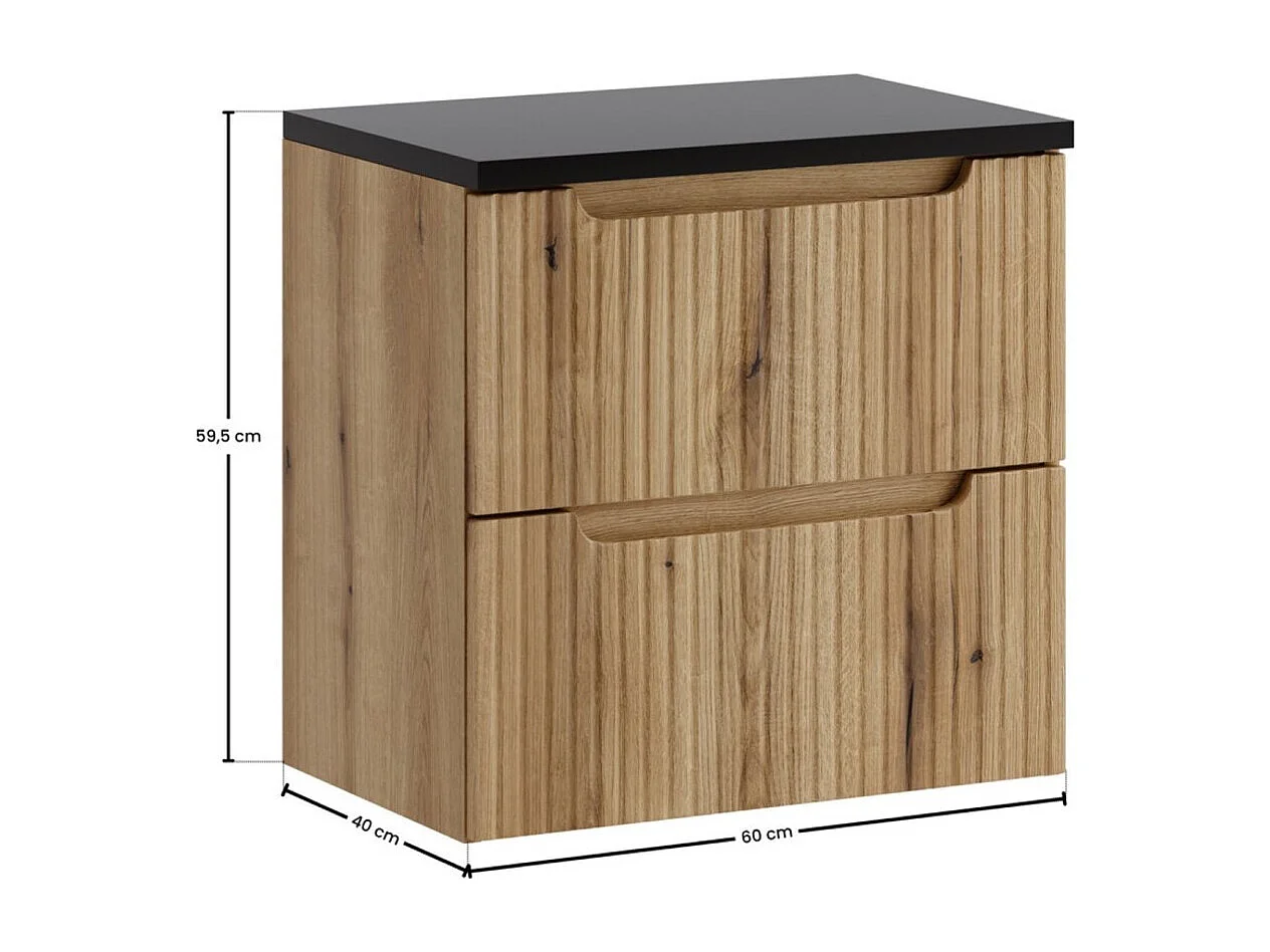 Ensemble de salle de bain suspendu VANO chêne clair et noir 60cm : meubles sous vasque à tiroirs + plan pour vasque