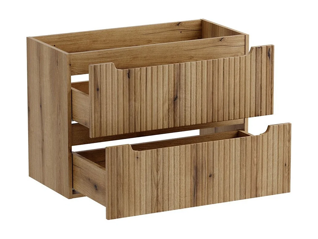 Ensemble VANO chêne clair 120cm : meubles sous vasque à tiroirs avec niches visibles + plan pour vasque + vasque à poser ovale