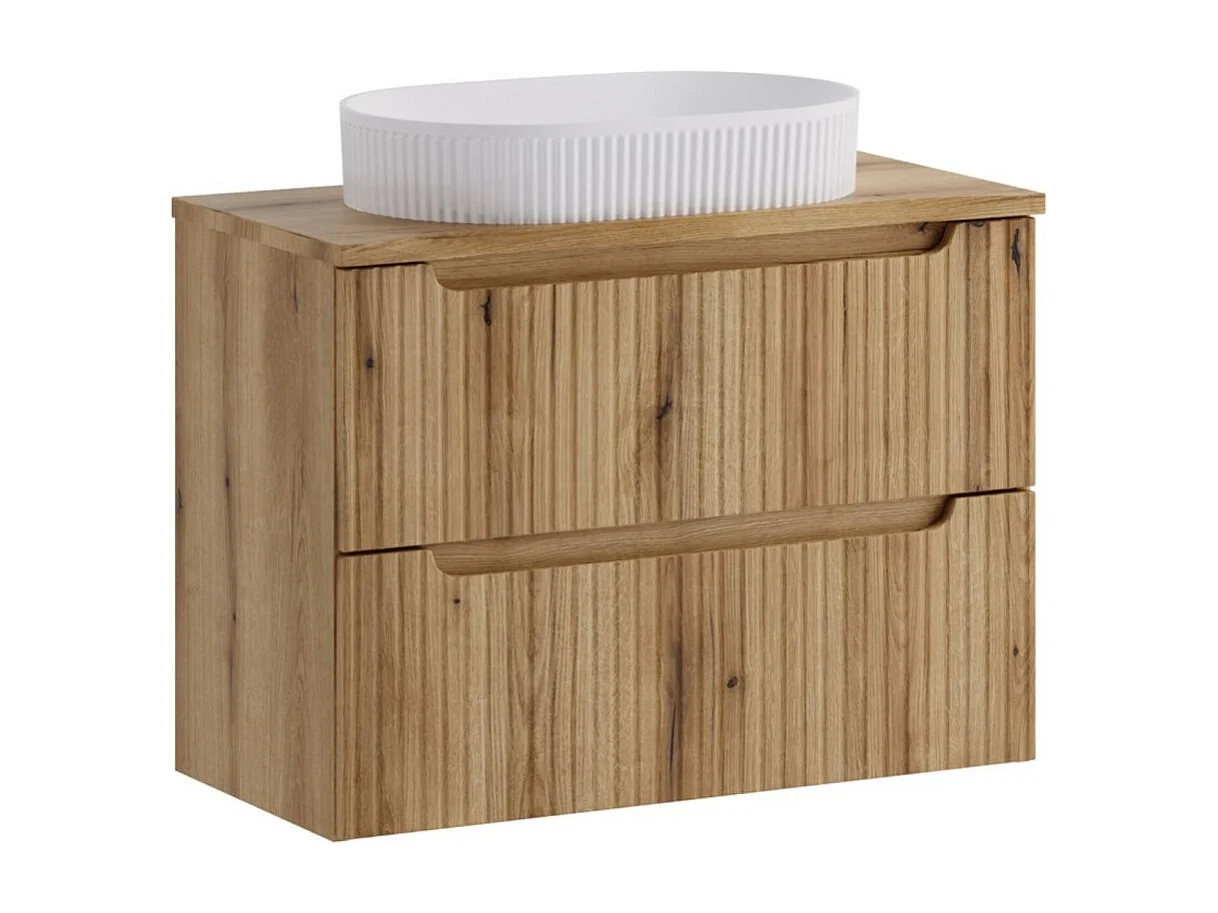 Ensemble VANO chêne clair 80cm : meuble sous vasque à tiroirs + plan pour vasque + vasque à poser rainurée blanche