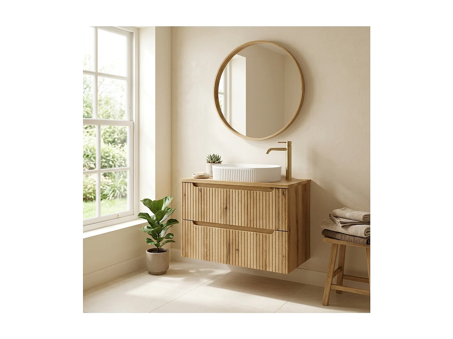 Ensemble VANO chêne clair 80cm : meuble sous vasque à tiroirs + plan pour vasque + vasque à poser rainurée blanche