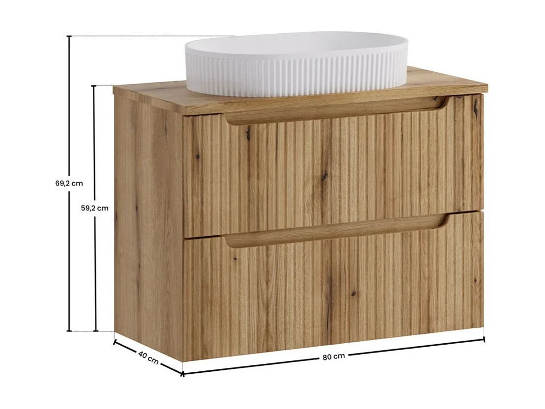 Ensemble VANO chêne clair 80cm : meuble sous vasque à tiroirs + plan pour vasque + vasque à poser rainurée blanche