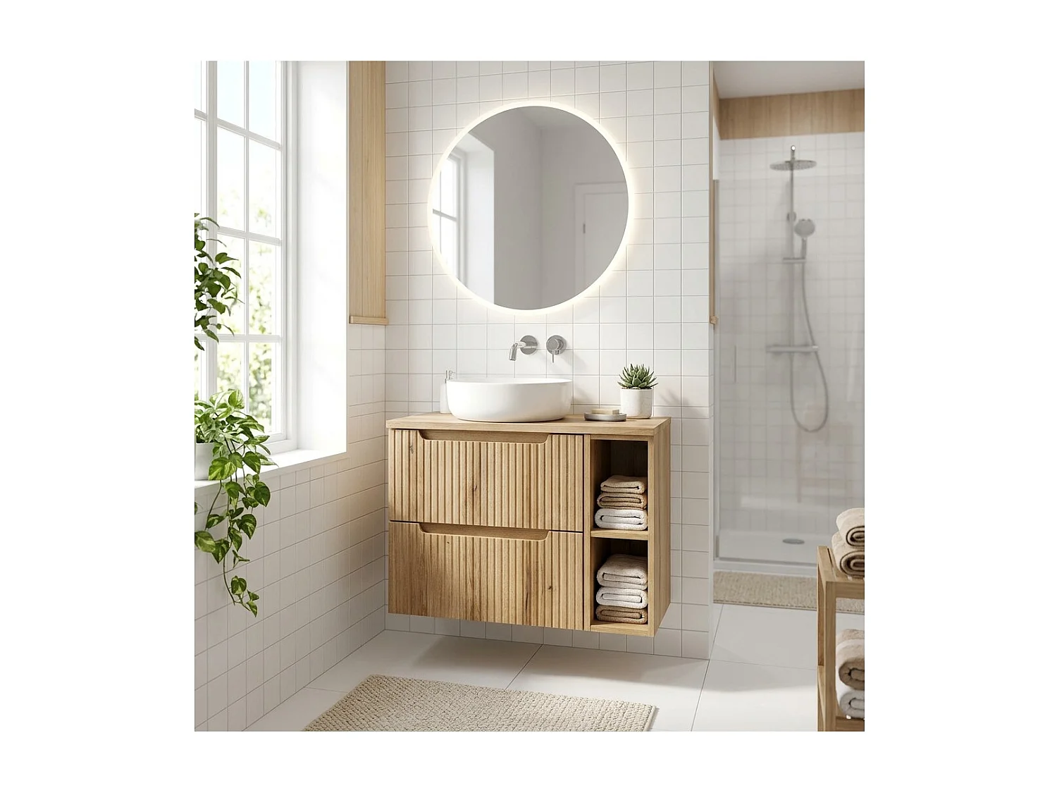 Ensemble VANO chêne clair 80cm : meubles sous vasque à tiroirs avec niches visibles + plan pour vasque + colonne