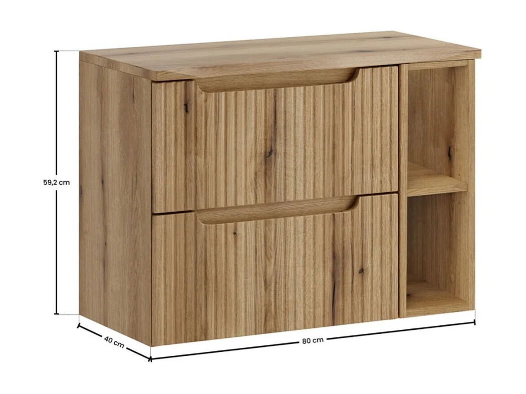 Ensemble VANO chêne clair 80cm : meubles sous vasque à tiroirs avec niches visibles + plan pour vasque + colonne