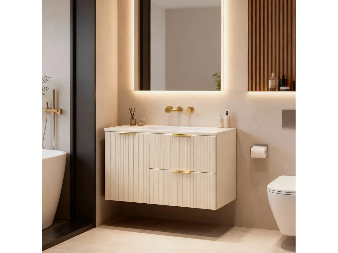 Set da bagno NOXERA 100 cm – Marrone congo – piano per lavabo + 2 cassetti + 1 cesto per la biancheria