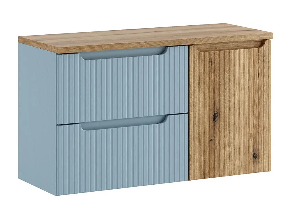 Conjunto VANO azul denim y roble claro 100cm: muebles bajo lavabo con cajones y cesto para la ropa integrado + encimera para lavabo