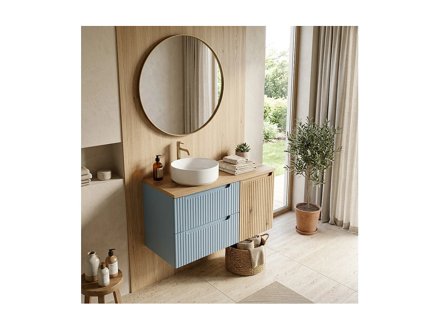 Conjunto VANO azul denim y roble claro 100cm: muebles bajo lavabo con cajones y cesto para la ropa integrado + encimera para lavabo