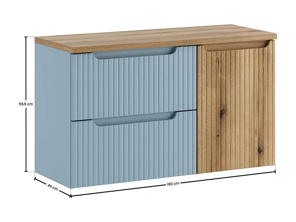 Conjunto VANO azul denim y roble claro 100cm: muebles bajo lavabo con cajones y cesto para la ropa integrado + encimera para lavabo