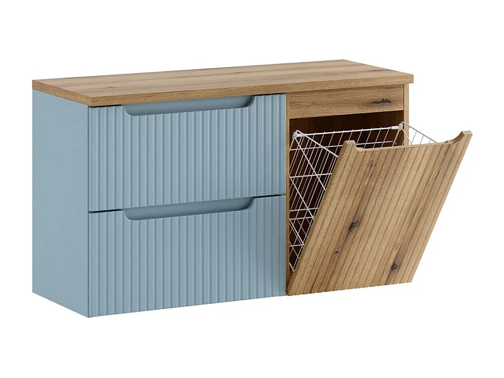 Conjunto VANO azul denim y roble claro 100cm: muebles bajo lavabo con cajones y cesto para la ropa integrado + encimera para lavabo