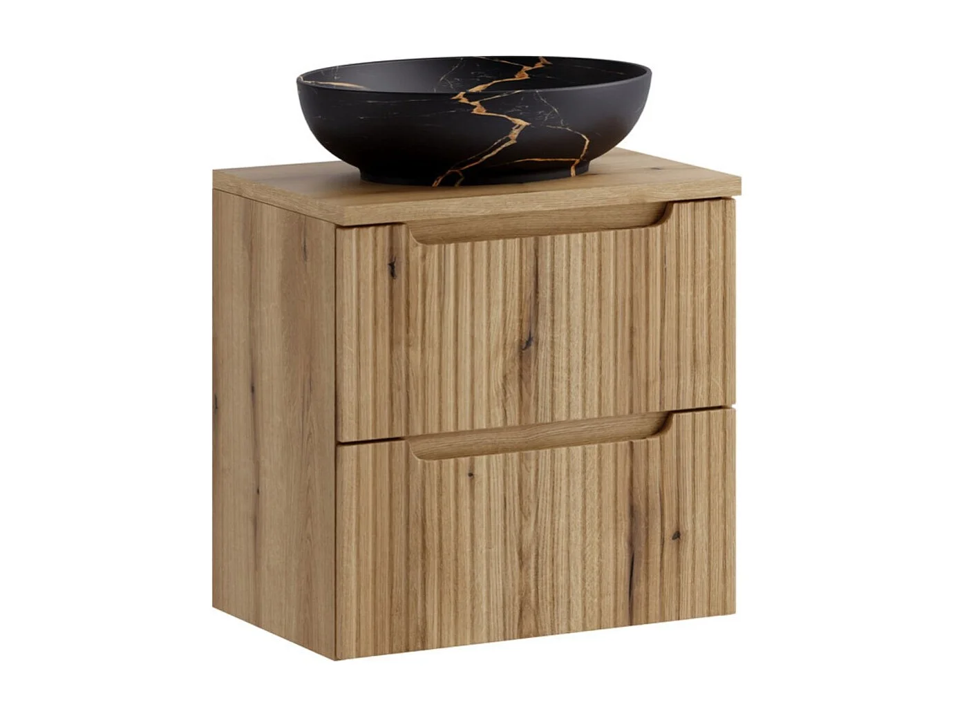 Ensemble de salle de bain VANO chêne clair 60cm : meuble sous vasque à tiroirs + plan pour vasque + vasque à poser noire marbrée