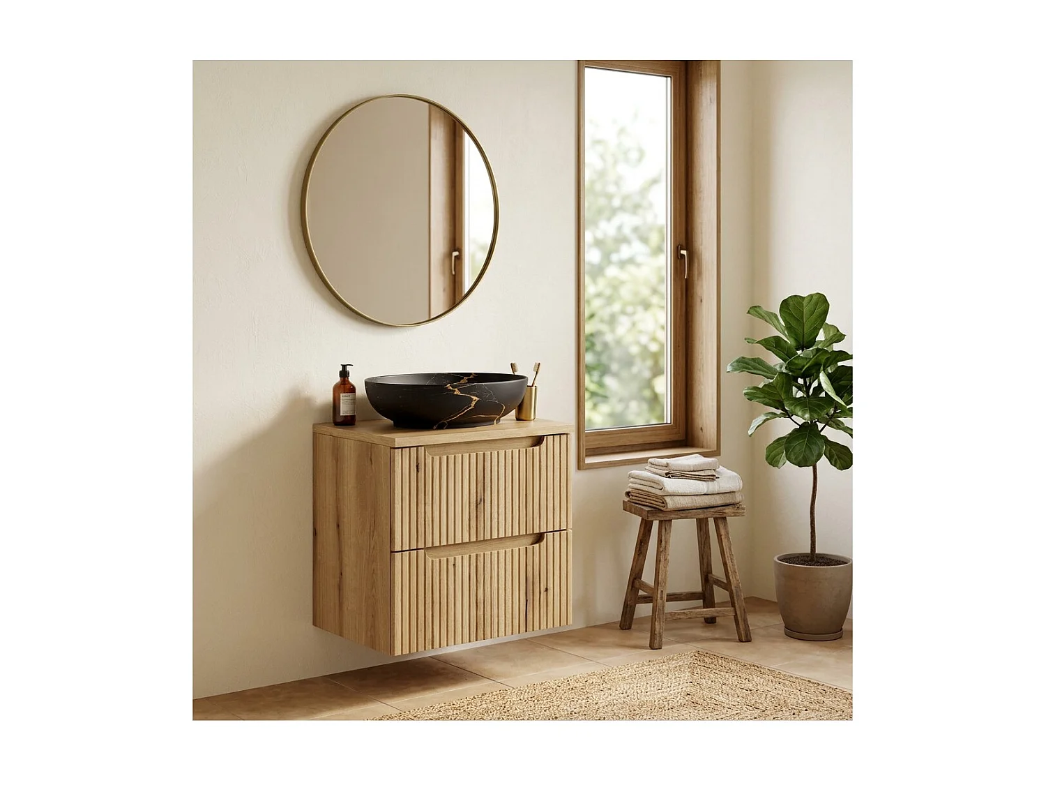 Ensemble de salle de bain VANO chêne clair 60cm : meuble sous vasque à tiroirs + plan pour vasque + vasque à poser noire marbrée