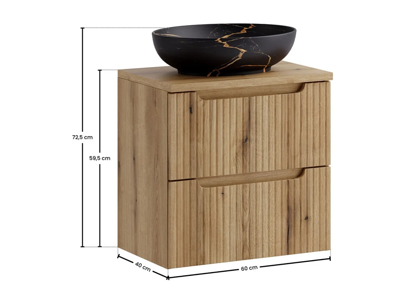 Ensemble de salle de bain VANO chêne clair 60cm : meuble sous vasque à tiroirs + plan pour vasque + vasque à poser noire marbrée