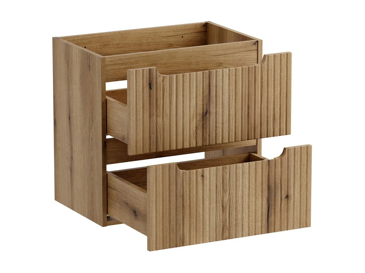 Ensemble de salle de bain VANO chêne clair 60cm : meuble sous vasque à tiroirs + plan pour vasque + vasque à poser noire marbrée